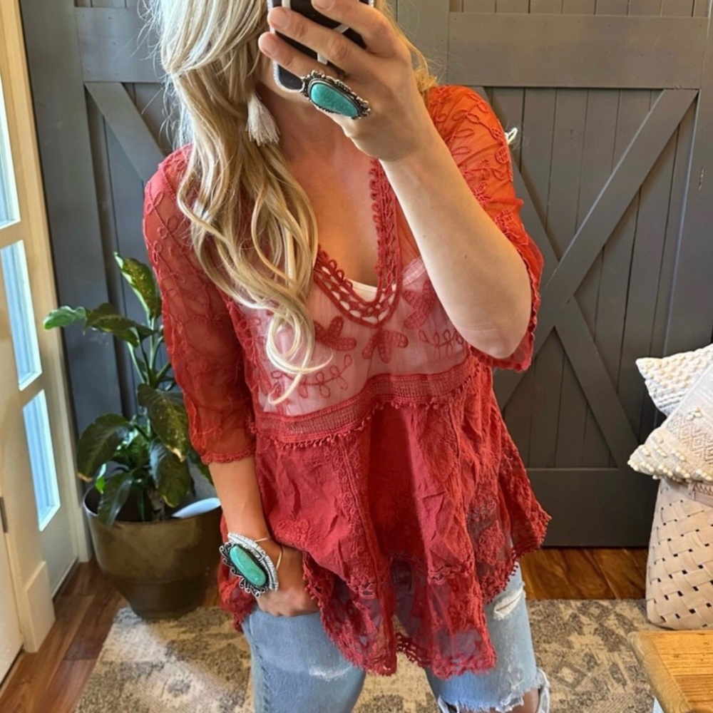 New Red Lace Crochet Boho Folk Tunic Blouse Top Cover-Up Womens